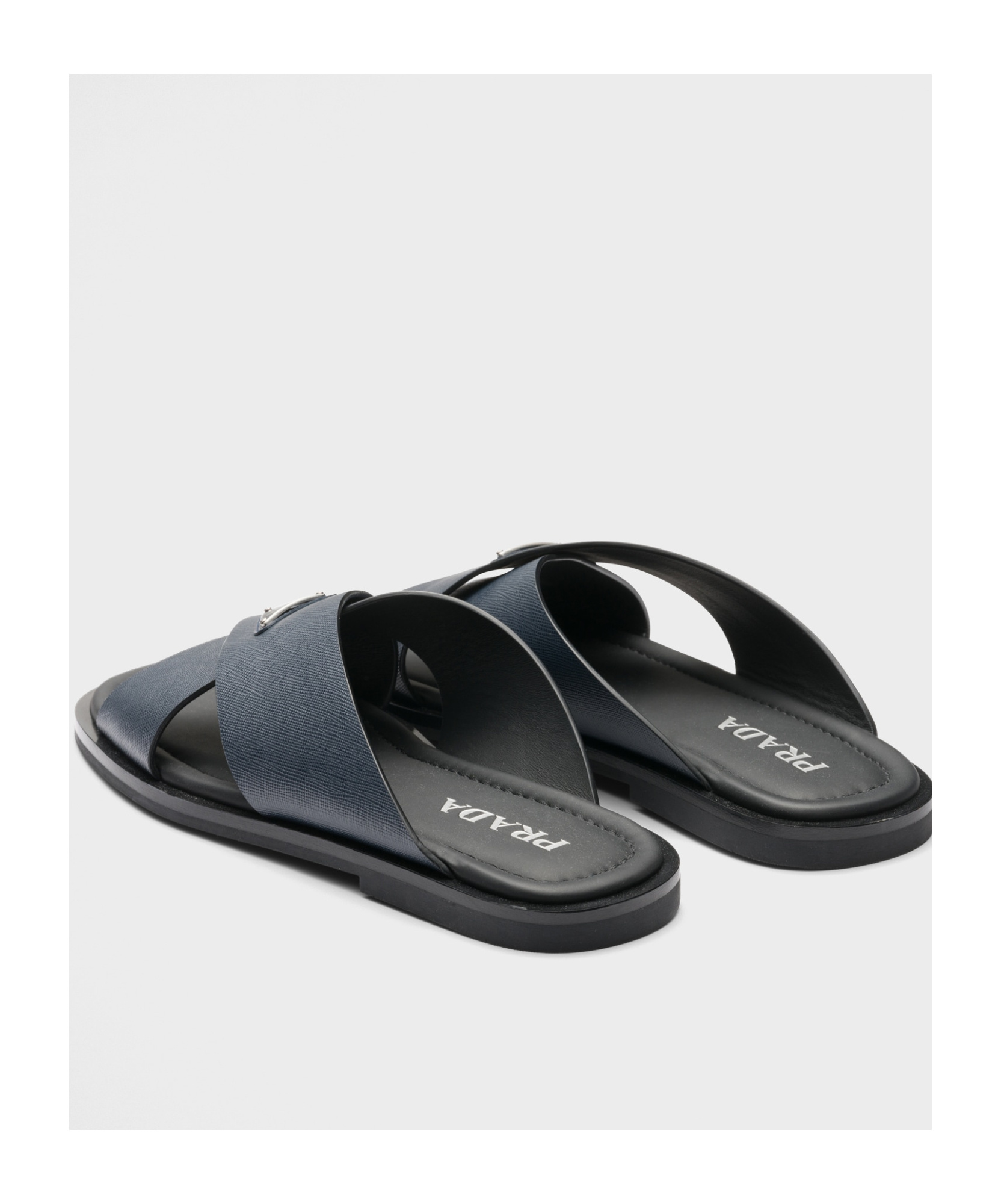 Prada Saffiano Leather Triangle-logo Sandals In Sea-blue