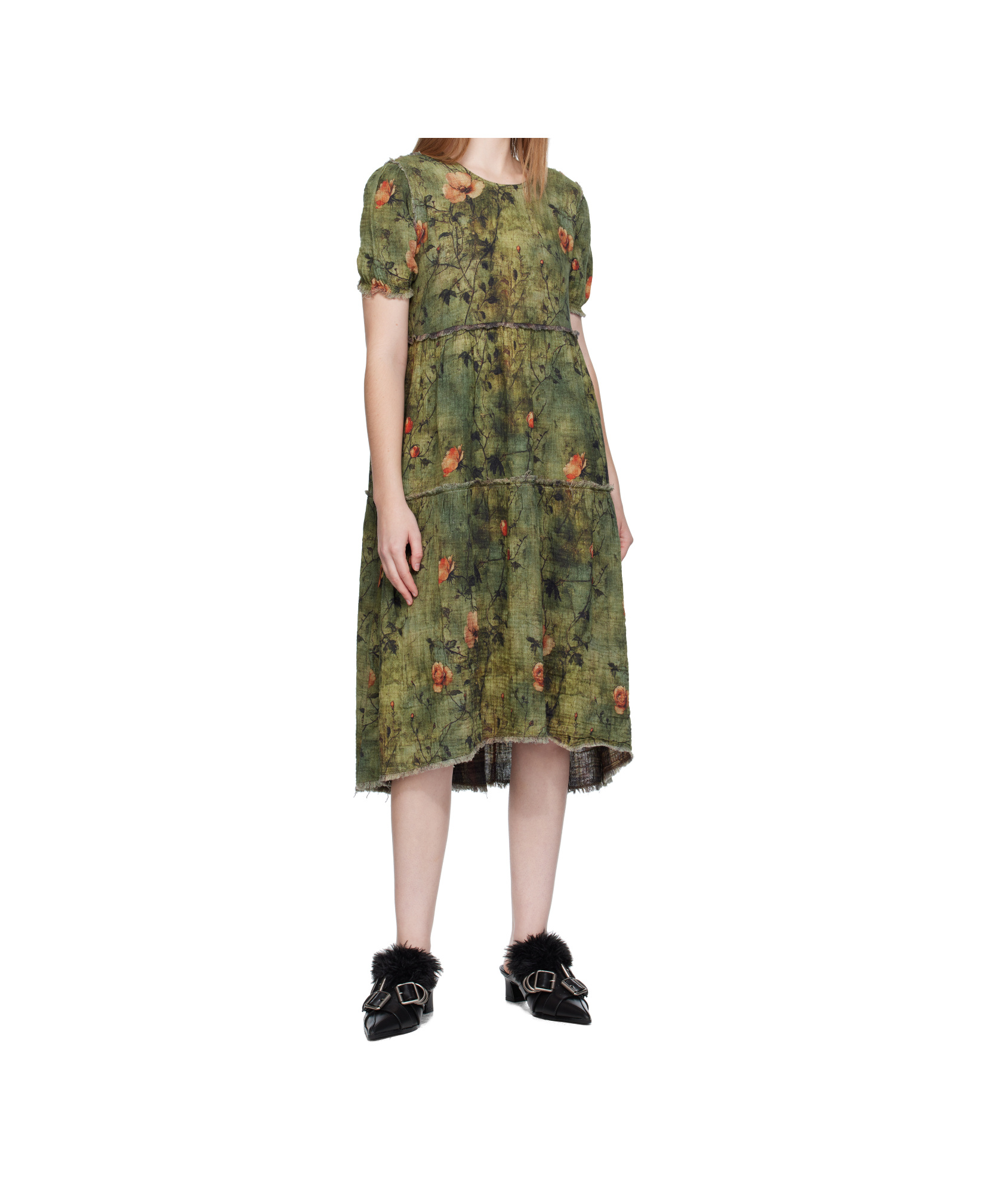 R13 Green Shredded Relaxed Reversible Midi Dress In Green