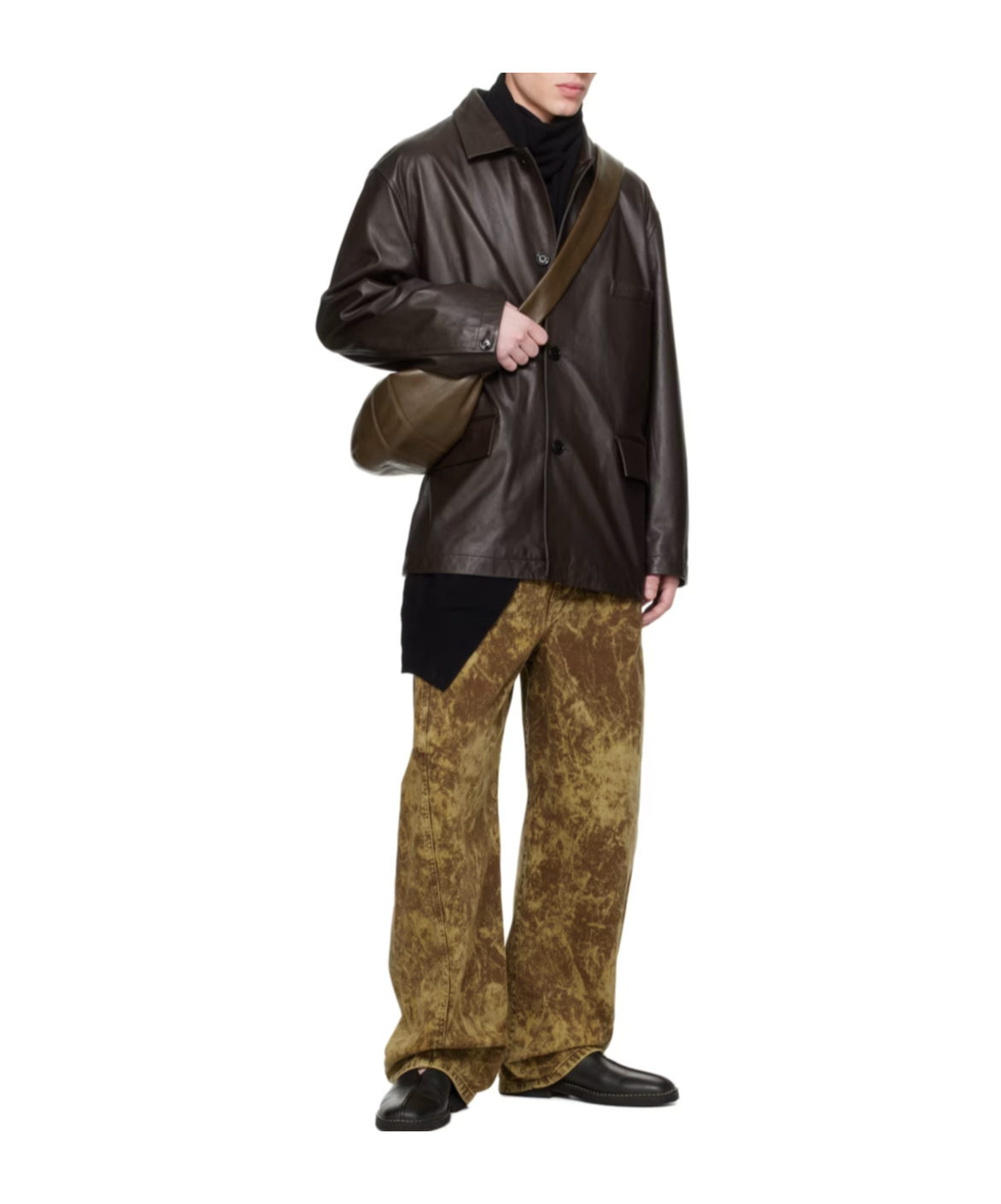 Lemaire Brown Spread Collar Leather Jacket In Black