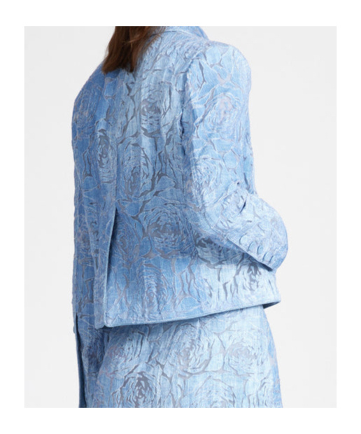 Ermanno Scervino Short Double-breasted Jacket In Devorè With Floral Motif And Denim Print In Light Blue