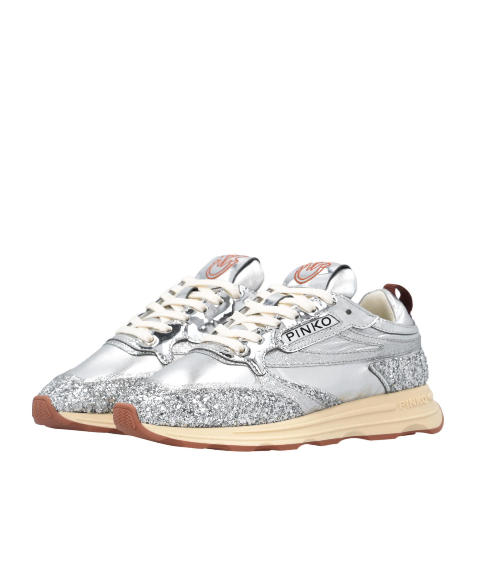Pinko Silver Glittery Laminated Sneakers In Silver