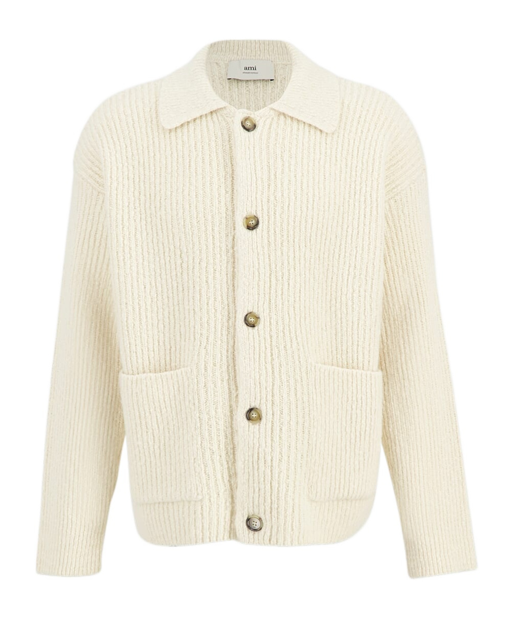 Ami Alexandre Mattiussi Ribbed Cardigan With Long Sleeves And Pockets In White