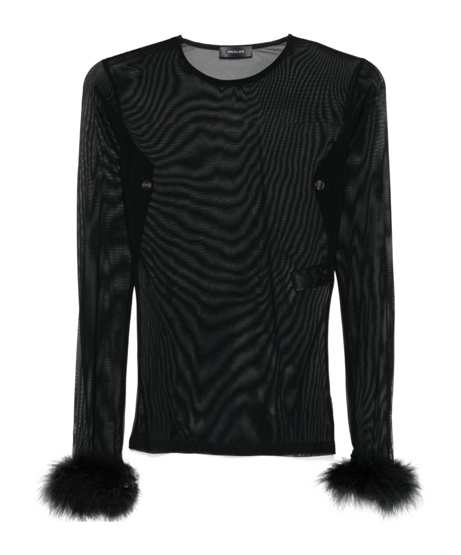 Mugler Feather-cuff Mesh Top In Black