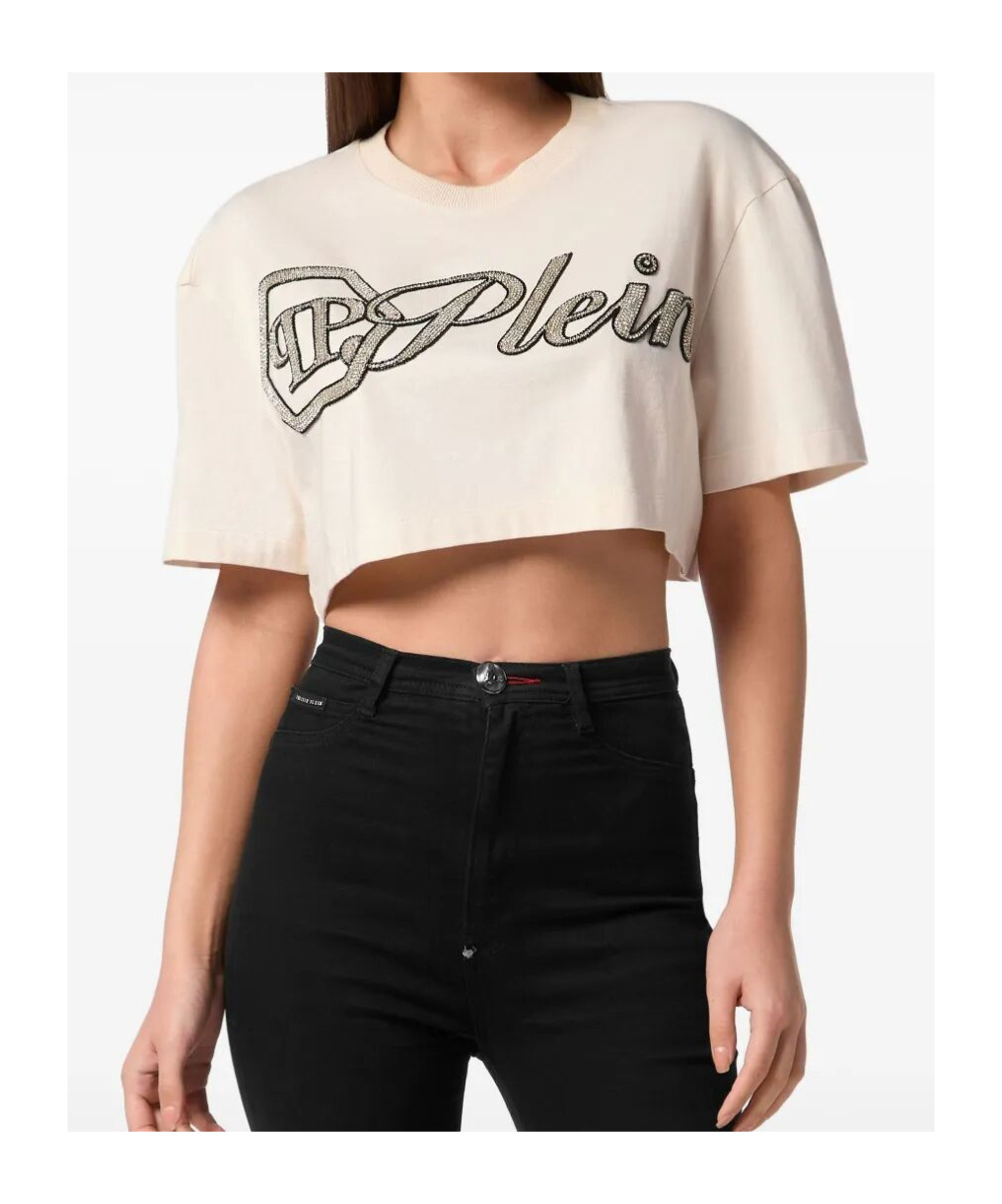 Philipp Plein Crystal Signature Cropped T-shirt In Neutral