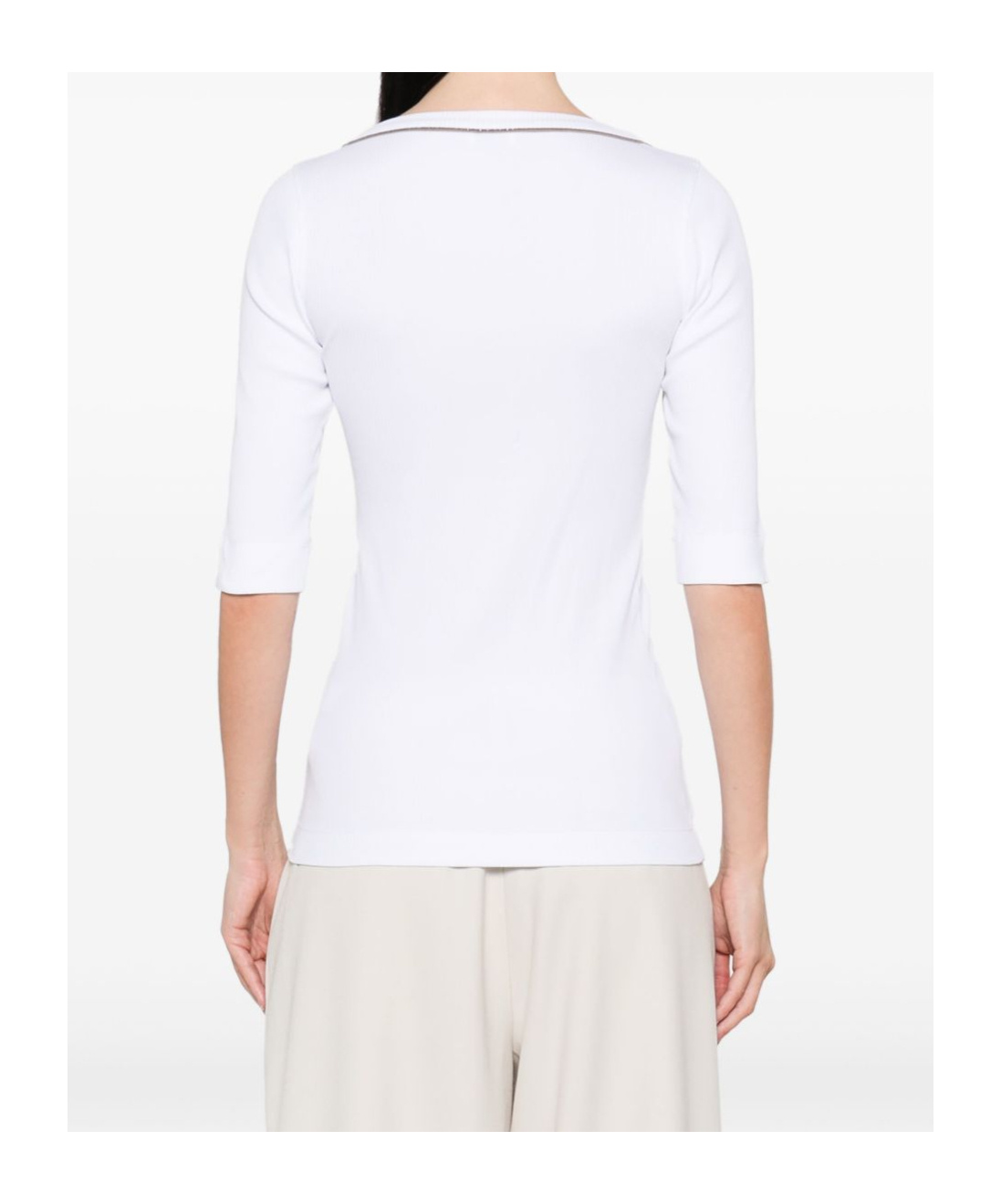 Brunello Cucinelli Ribbed V-neck 3/4 Sleeves Crewneck Contrast Trim In White
