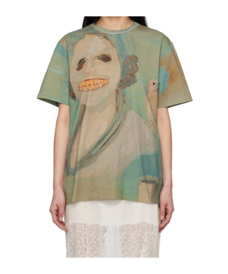 Simone Rocha Green 'lady With A Bird' T-shirt In Nude