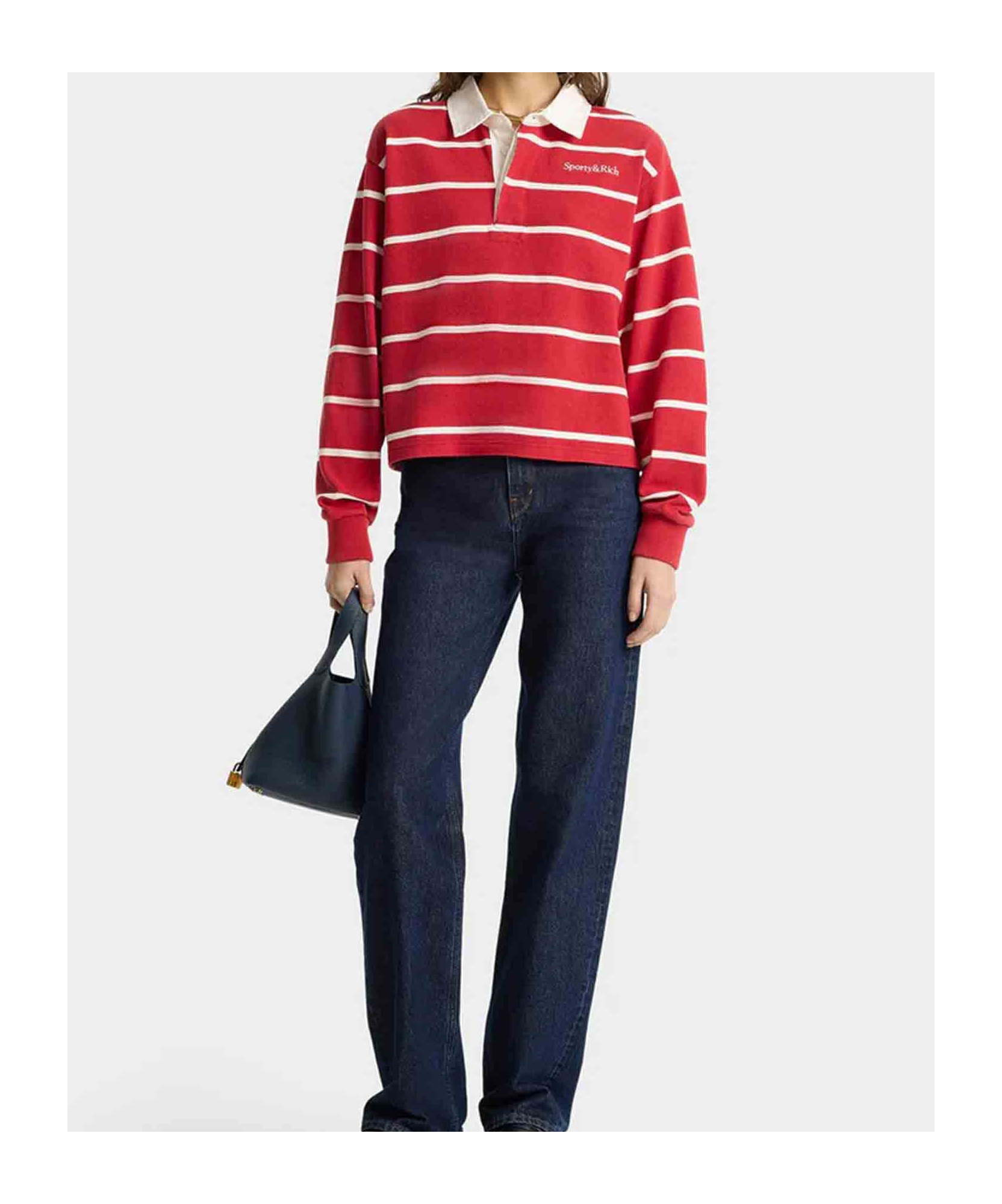 Sporty And Rich Womens Serif Rugby Striped Cotton-knit Polo Shirt Ruby White In Red