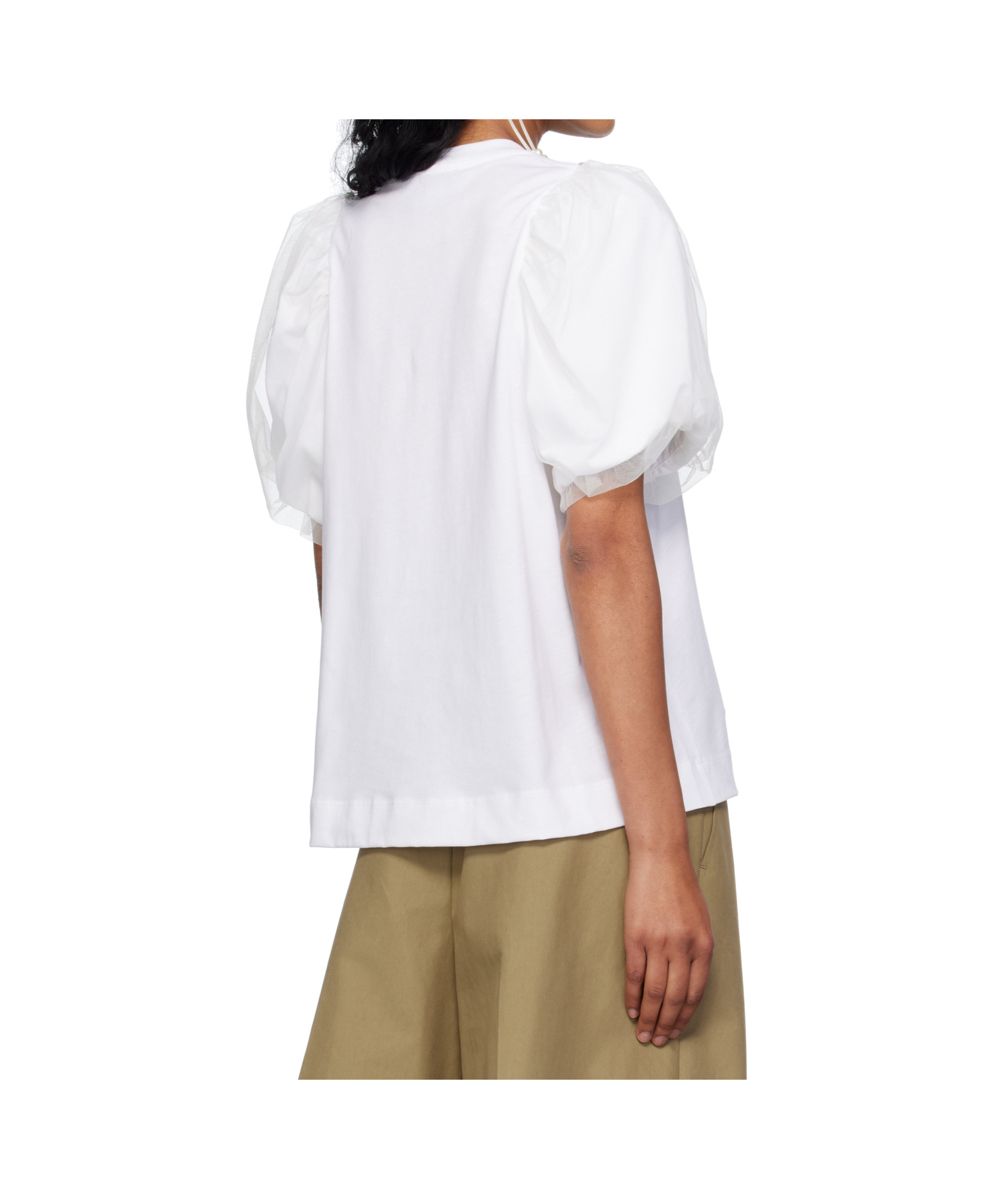 Simone Rocha Tulle Overlay Puff Sleeve T-shirt With Faux Pearl Trim In White