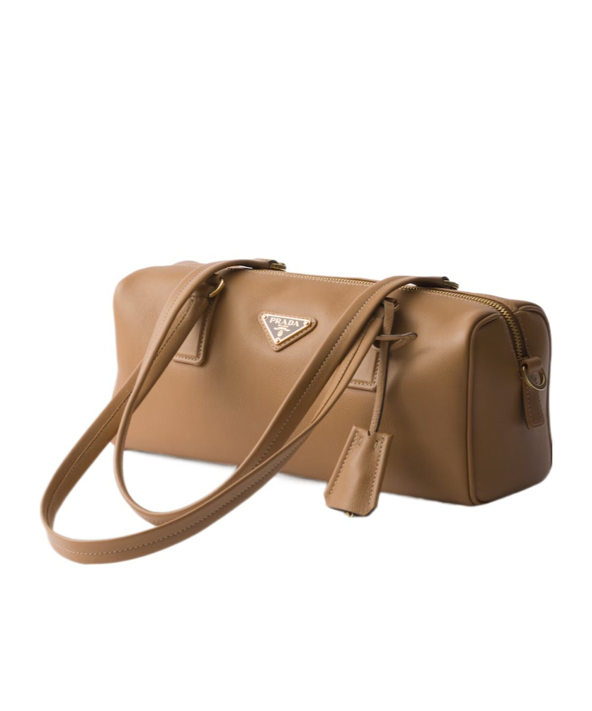 Prada Re-nylon And Leather Medium Top-handle Bag With Padlock In Brown
