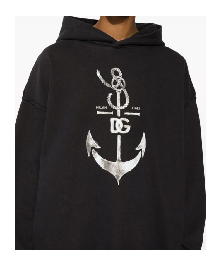 Dolce & Gabbana Printed Washed Cotton Jersey Hoodie In Black