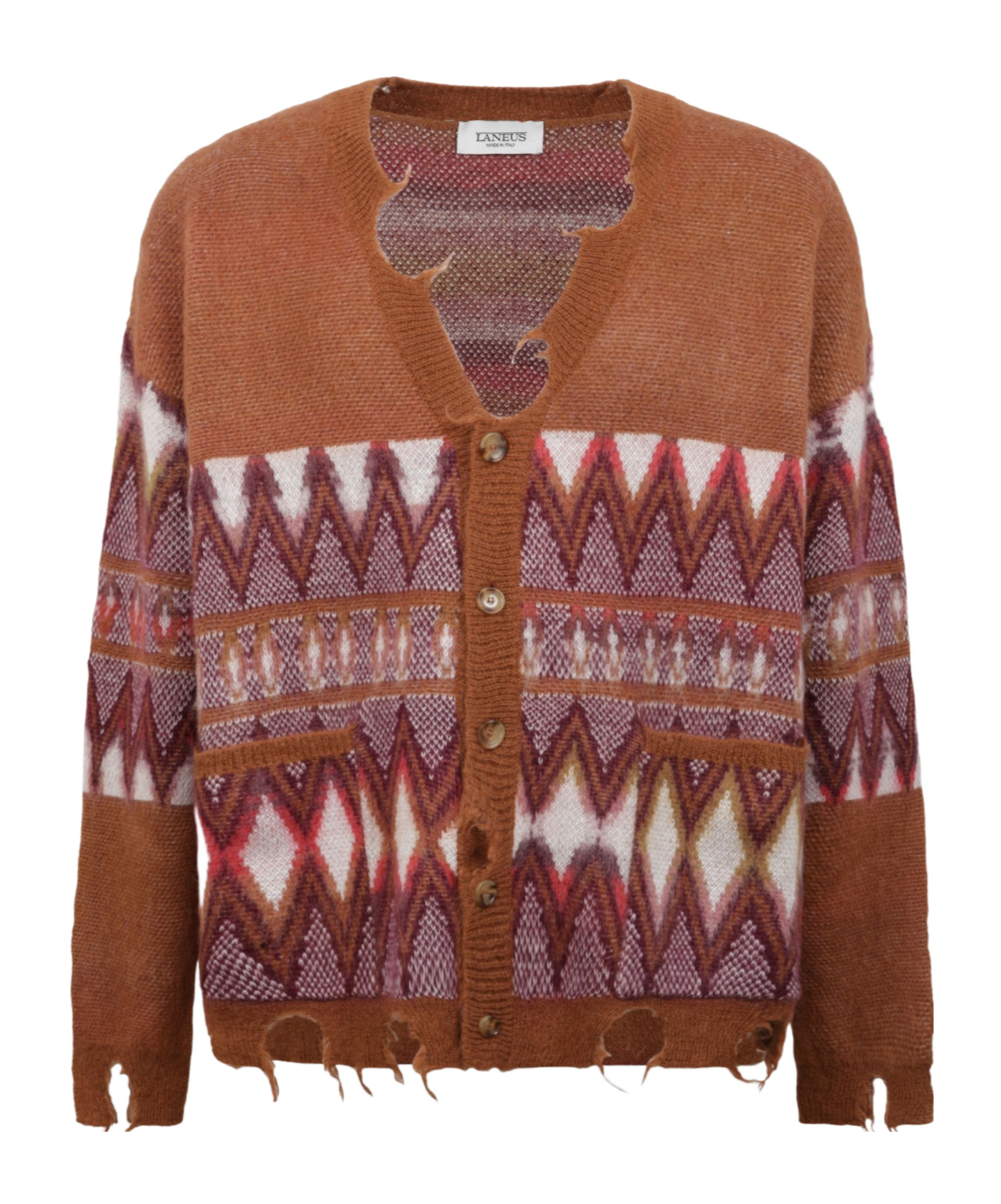 Laneus Patterned Cardigan With Frayed Hems In Multi