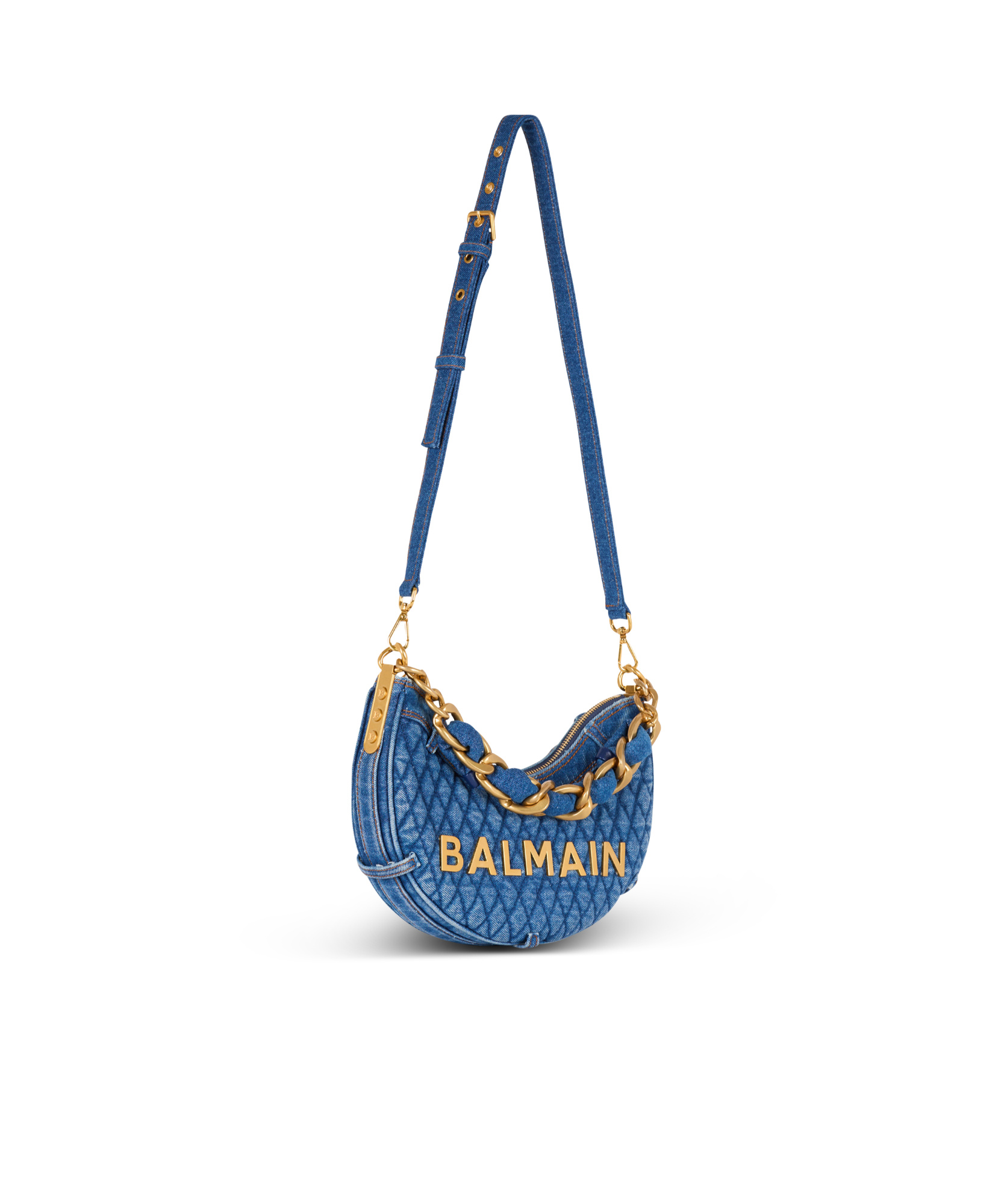 BALMAIN 1945 SOFT MOON BAG IN DIAMOND-QUILTED DENIM