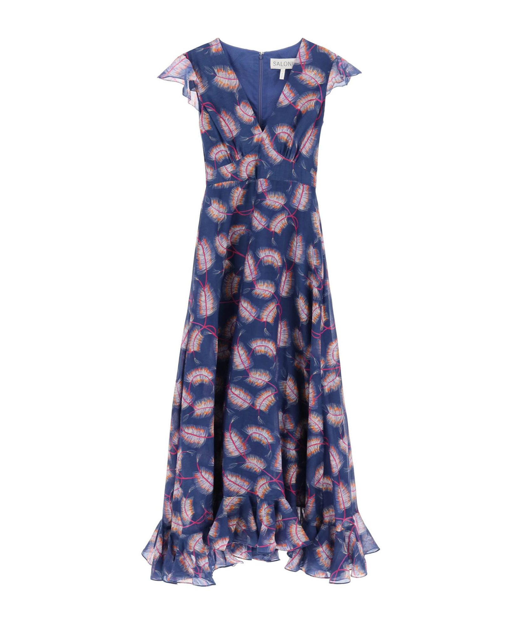 Saloni Feather-print Maxi Dress In Blue