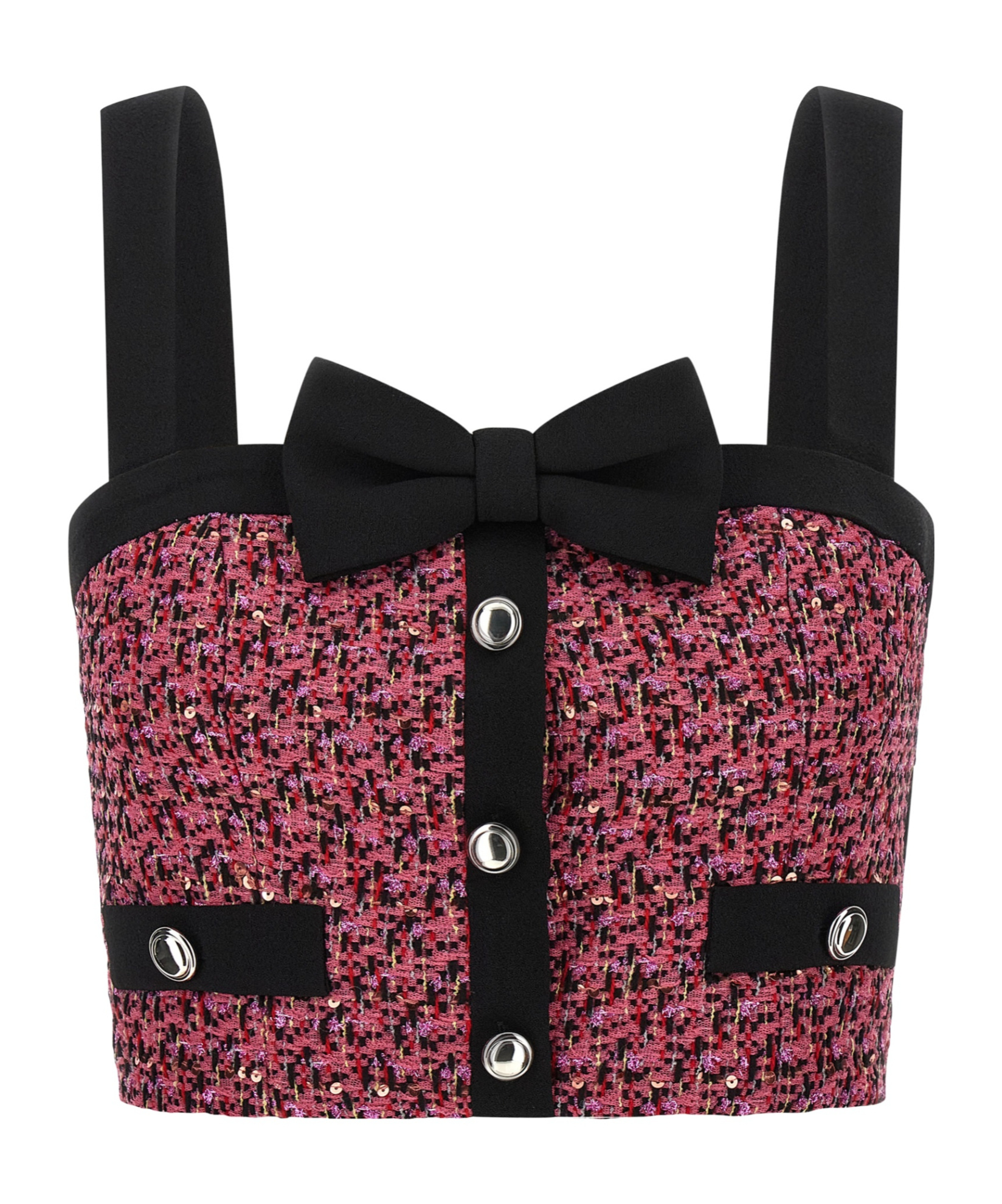 Alessandra Rich Wool Blend Tweed Top With Micro-sequin Embroidery And Bow Detail In Pink