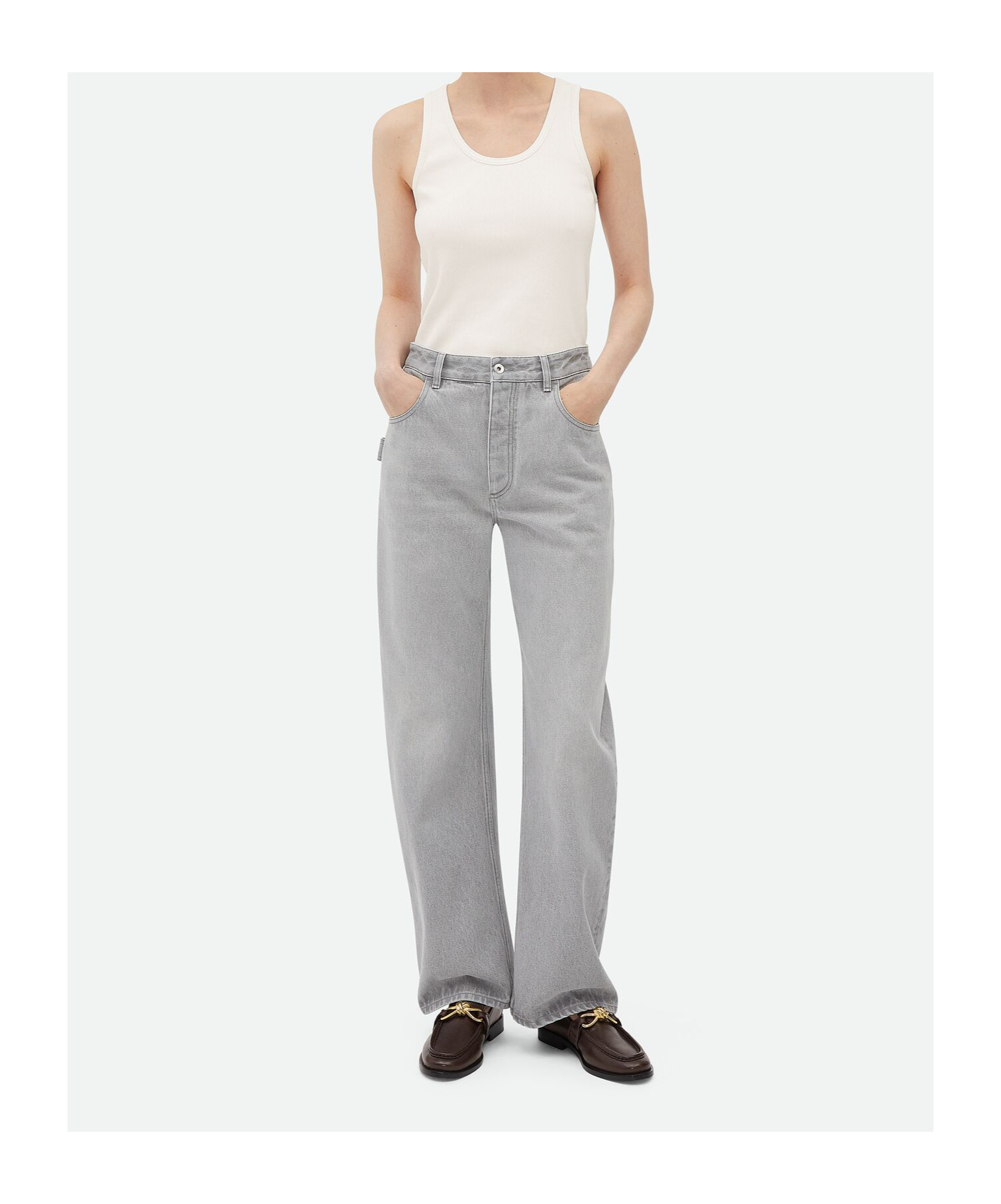 Shop Bottega Veneta Light Grey Washed Rounded Leg Denim In Gray