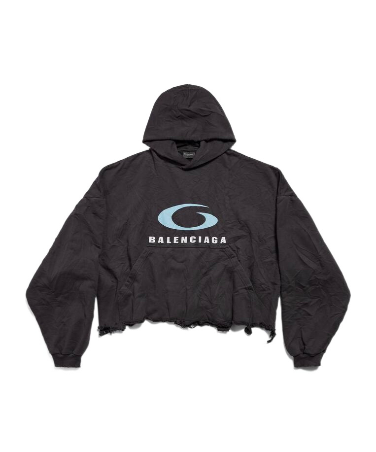 Balenciaga Oversized Cropped Distressed Printed Cotton-jersey Hoodie In Black