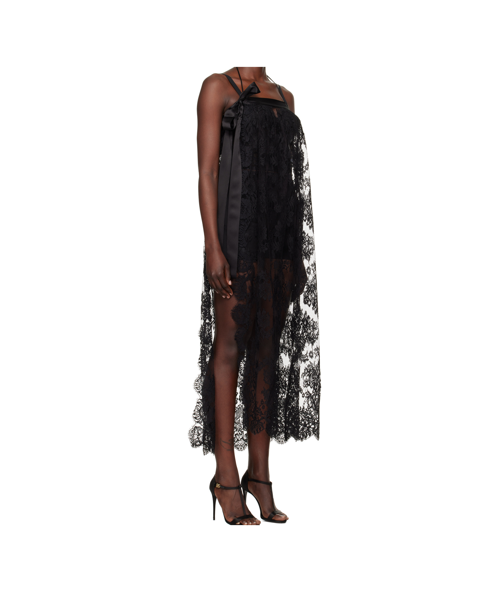 Dolce & Gabbana Calf-length Chantilly Lace Dress With Satin Details In Black