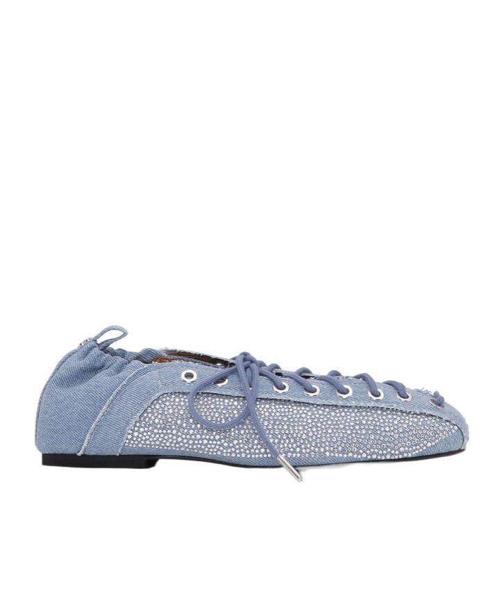 GANNI CRYSTAL-EMBELLISHED DENIM LACE-UP BALLERINAS