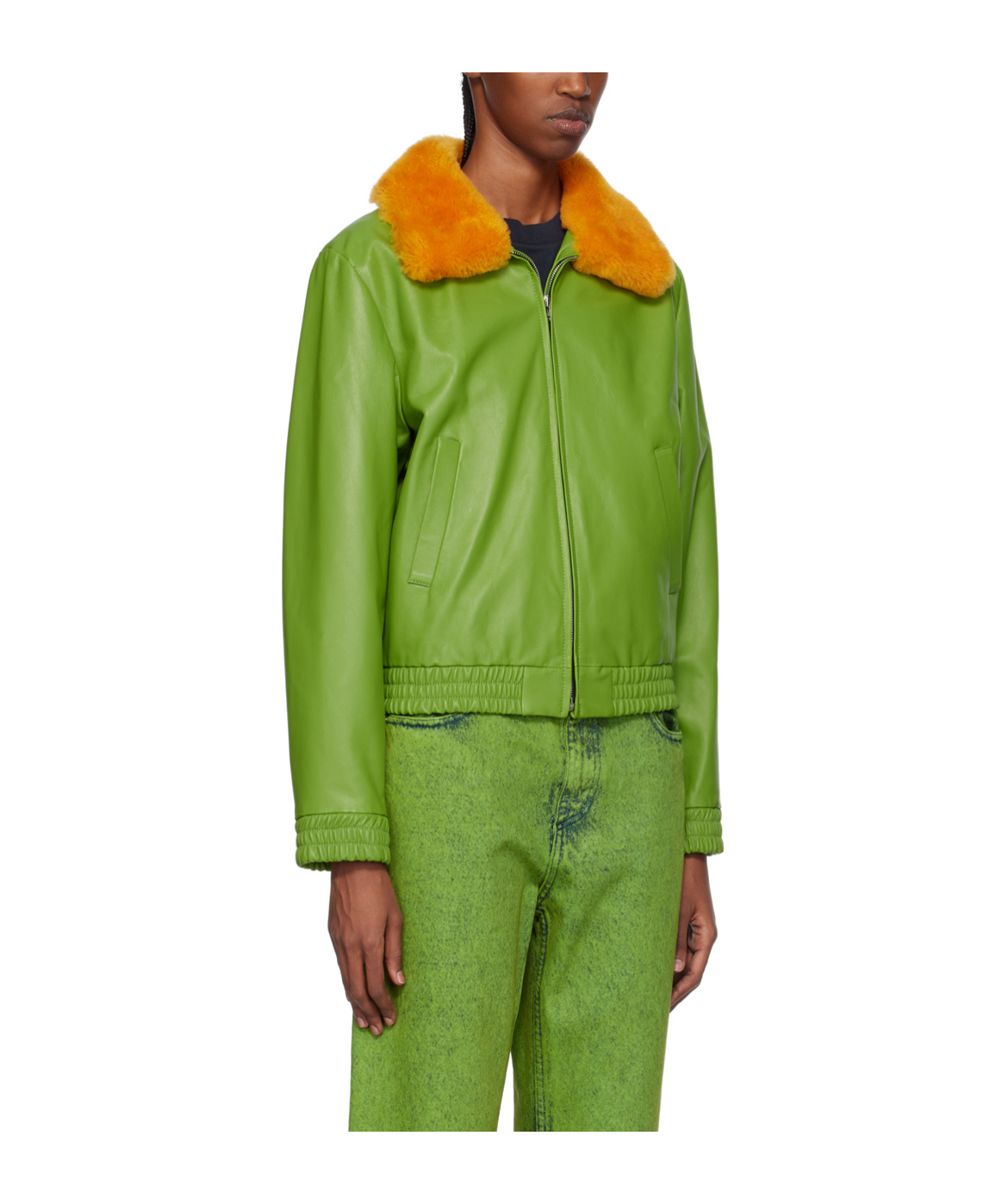 Shop Marni Furry Collar Zipper Leather Jacket In Green