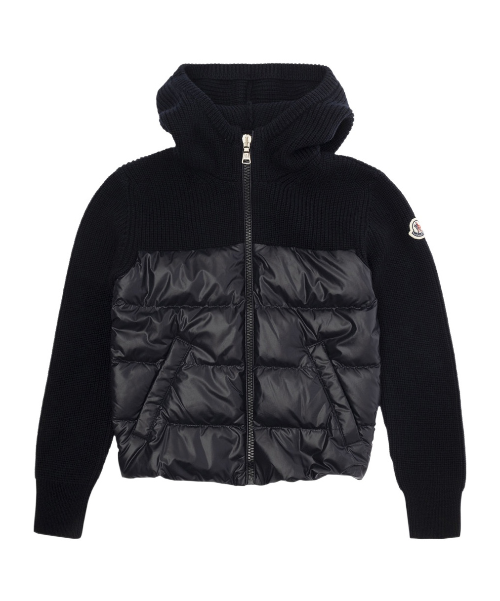 Moncler Black Hooded Cardigan With Logo Patch In Wool And Tech Fabric Boy In Blue