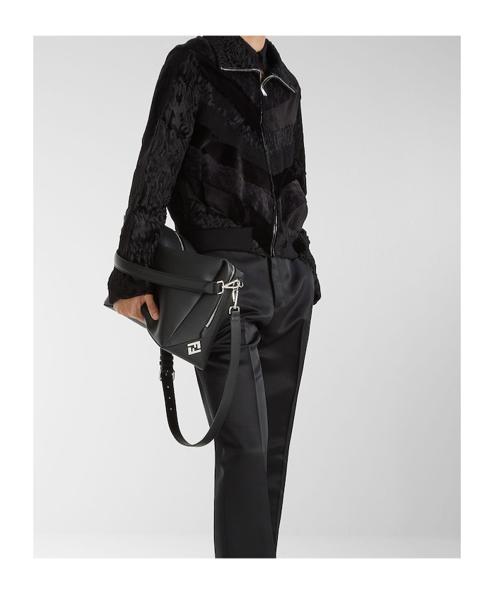 Fendi Medium Shoulder Bag Adjustable Strap Metal Hardware Textured Finish In Black