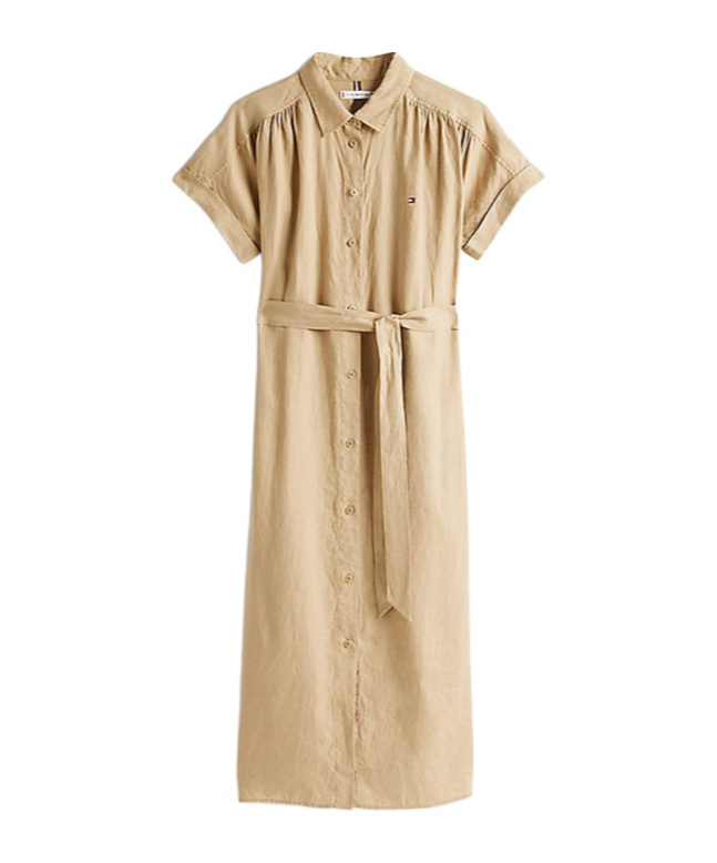 Tommy Hilfiger Pure Linen Midi Shirt Dress In Nude