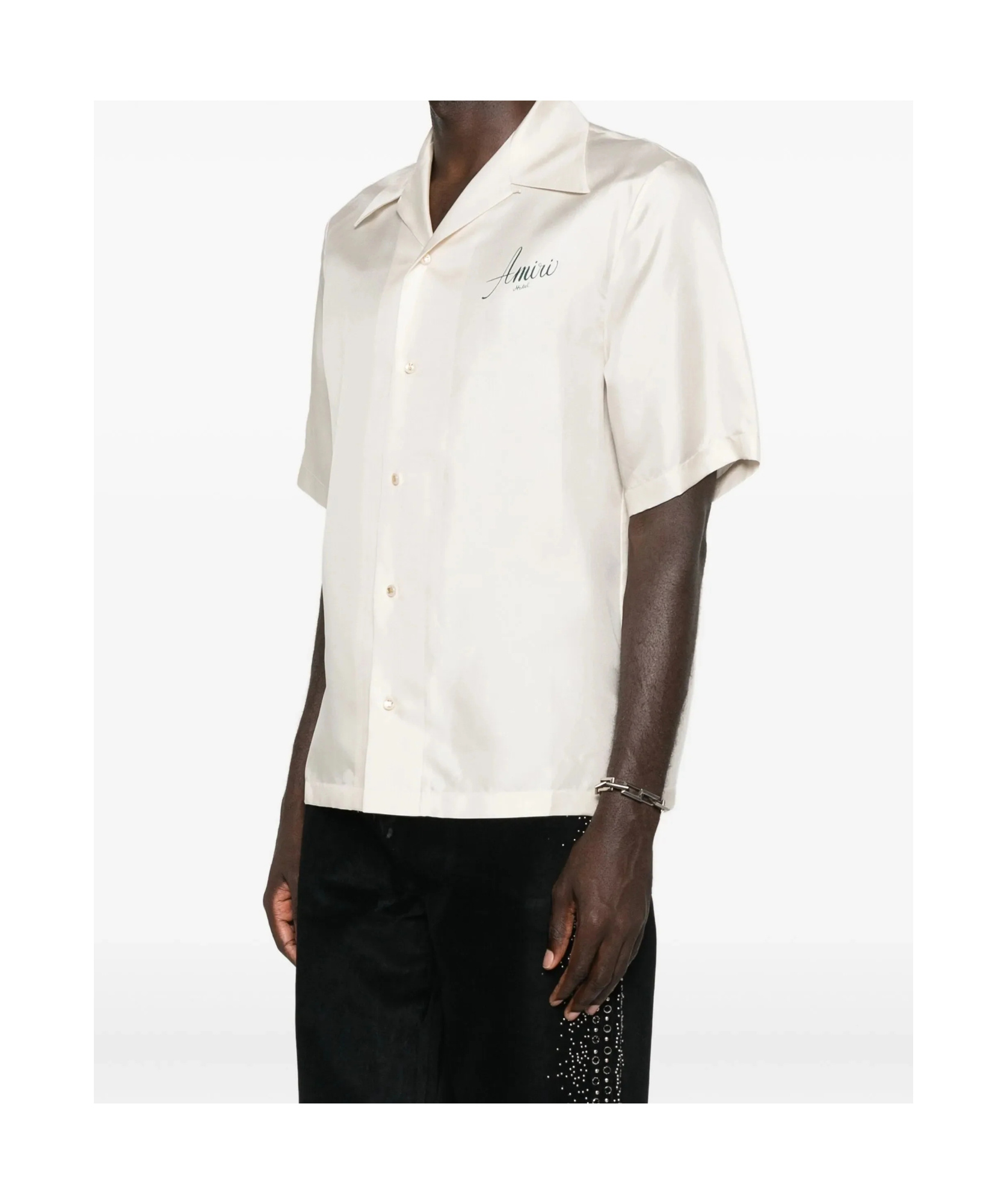 Amiri Convertible-collar Logo-print Silk-twill Shirt In Neutral