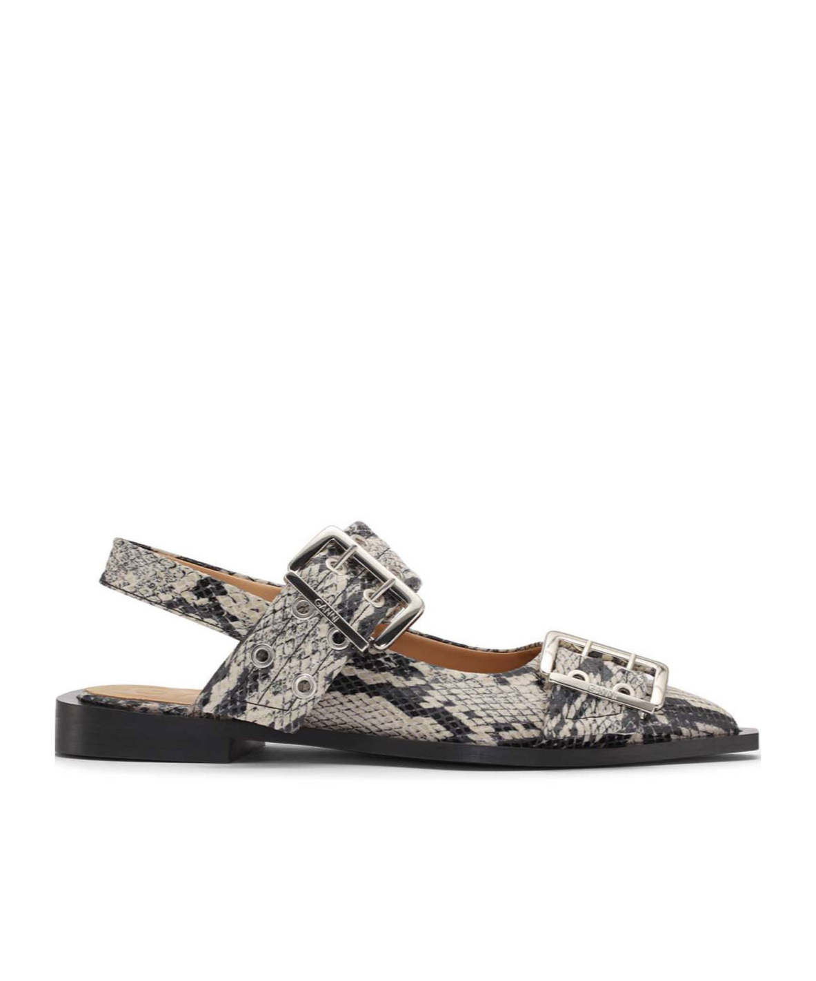 Ganni Buckled Eyelet-embellished Snake-effect Recycled Faux Patent-leather Ballet Flats In Black