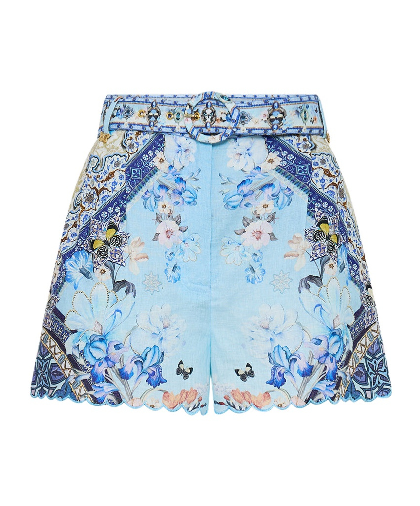 Camilla Hemline Shorts With Floral Pattern And Belt In Blue