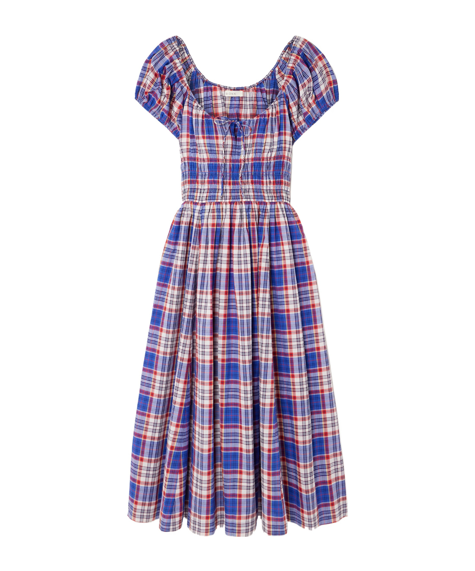 Doen Quinn Checked Tie-detailed Shirred Cotton-poplin Midi Dress In Blue
