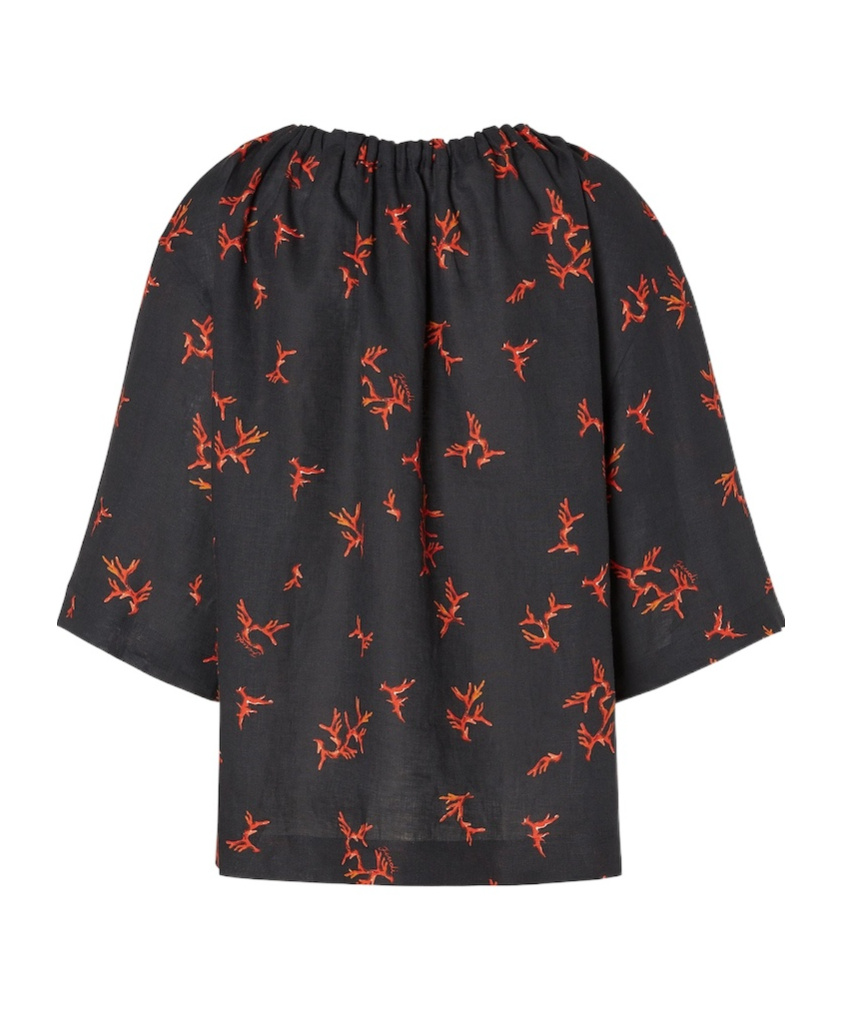 Fendi Floral Print Linen Top With Wide Sleeves In Black