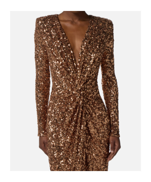 Elisabetta Franchi Sequin Embellished Maxi Dress V-neckline In Brown