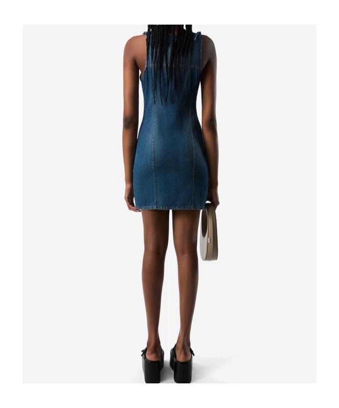 Coperni Denim Asymmetrical Flower Mini Dress In Blue