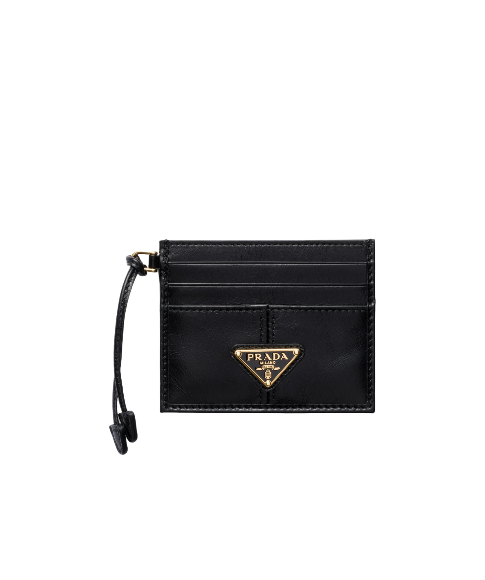 Prada Black Leather Card Holder With Triangle Logo In Black