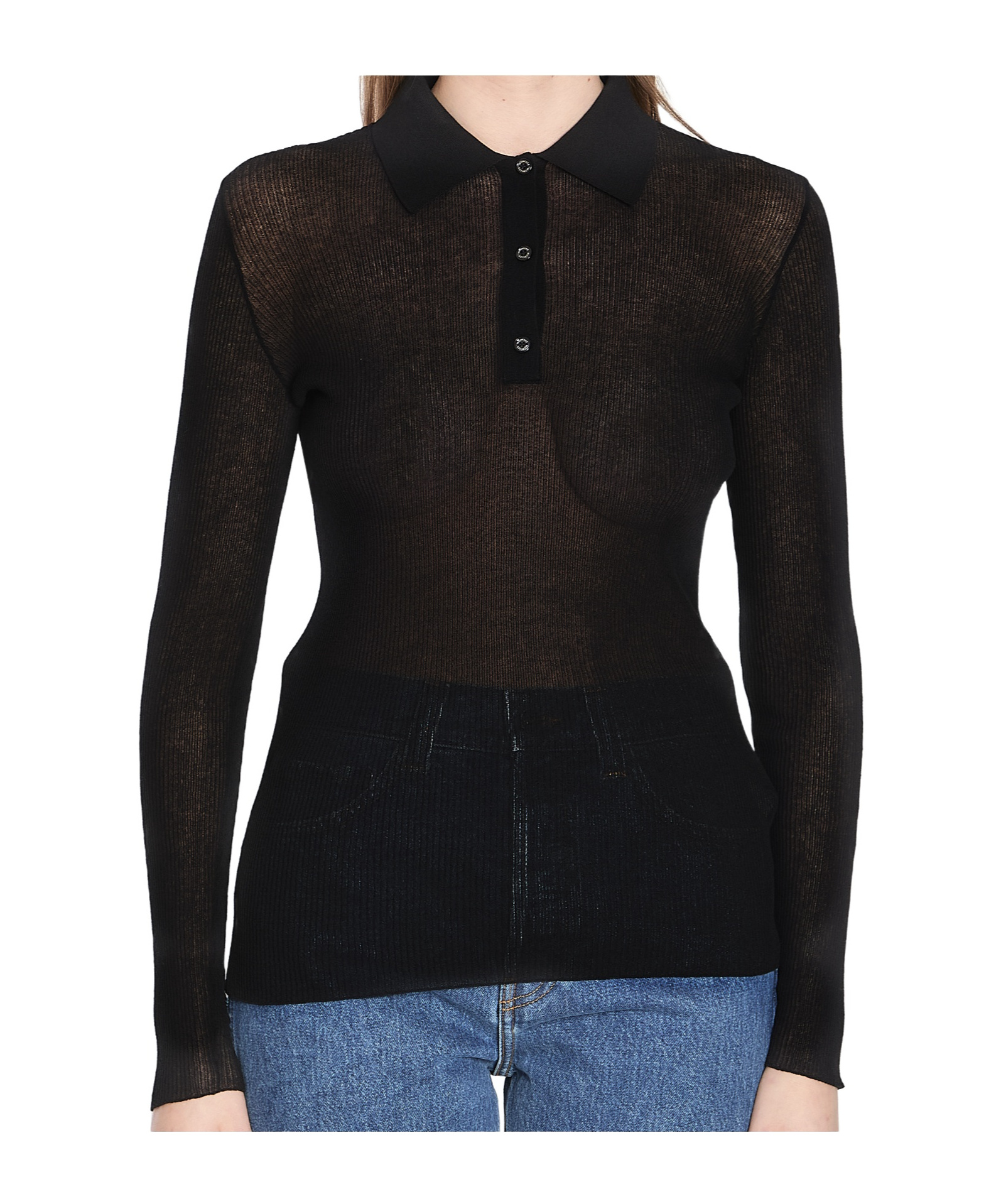 Moncler Fine-ribbed Polo Top In Black