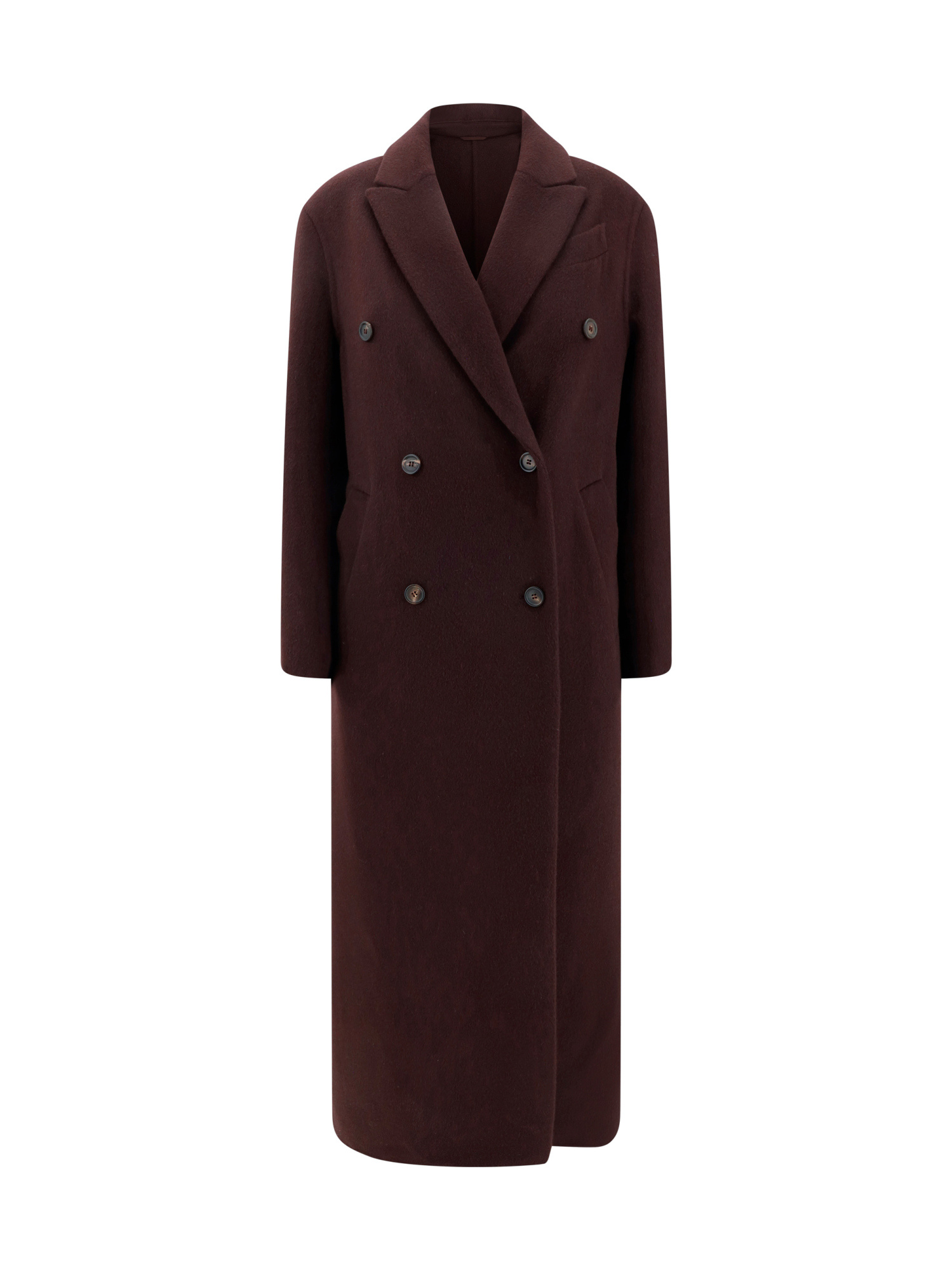Brunello Cucinelli Long Double-breasted Cashmere Coat With Back Vent In Burgundy
