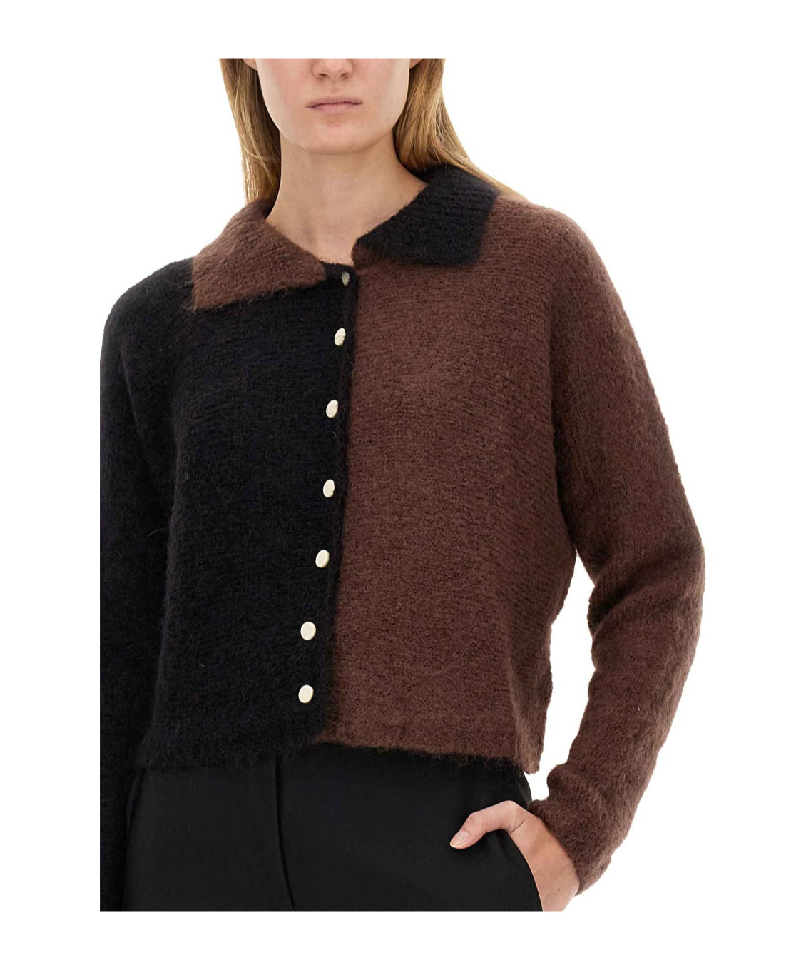 Shop Alysi Two-toned Buttoned Knitted Cardigan In Black
