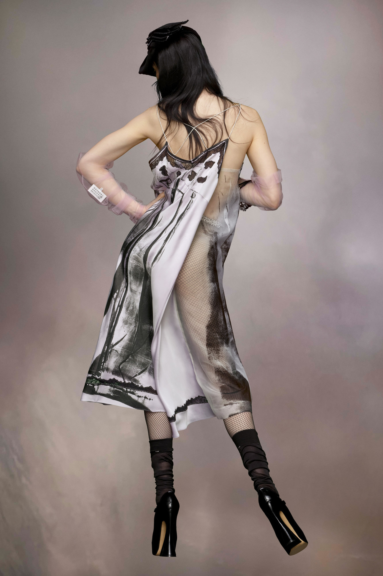 Maison Margiela Lace Trim Abstract-print Midi Slip Dress In Gray