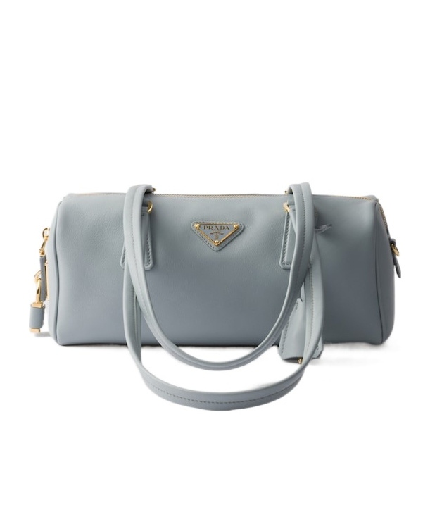 Shop Prada Medium Leather Top-handle Bag With Padlock In Gray