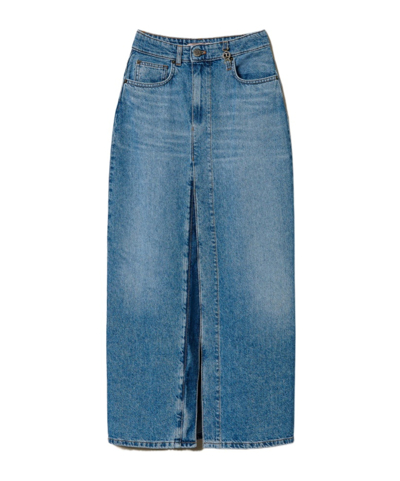 Twinset Medium Length Denim Skirt With Slit In Blue