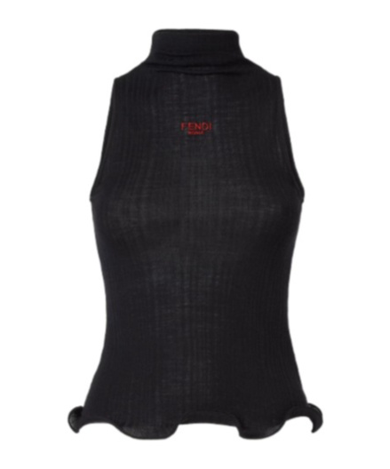 Fendi High Neck Sleeveless Ribbed Top In Black