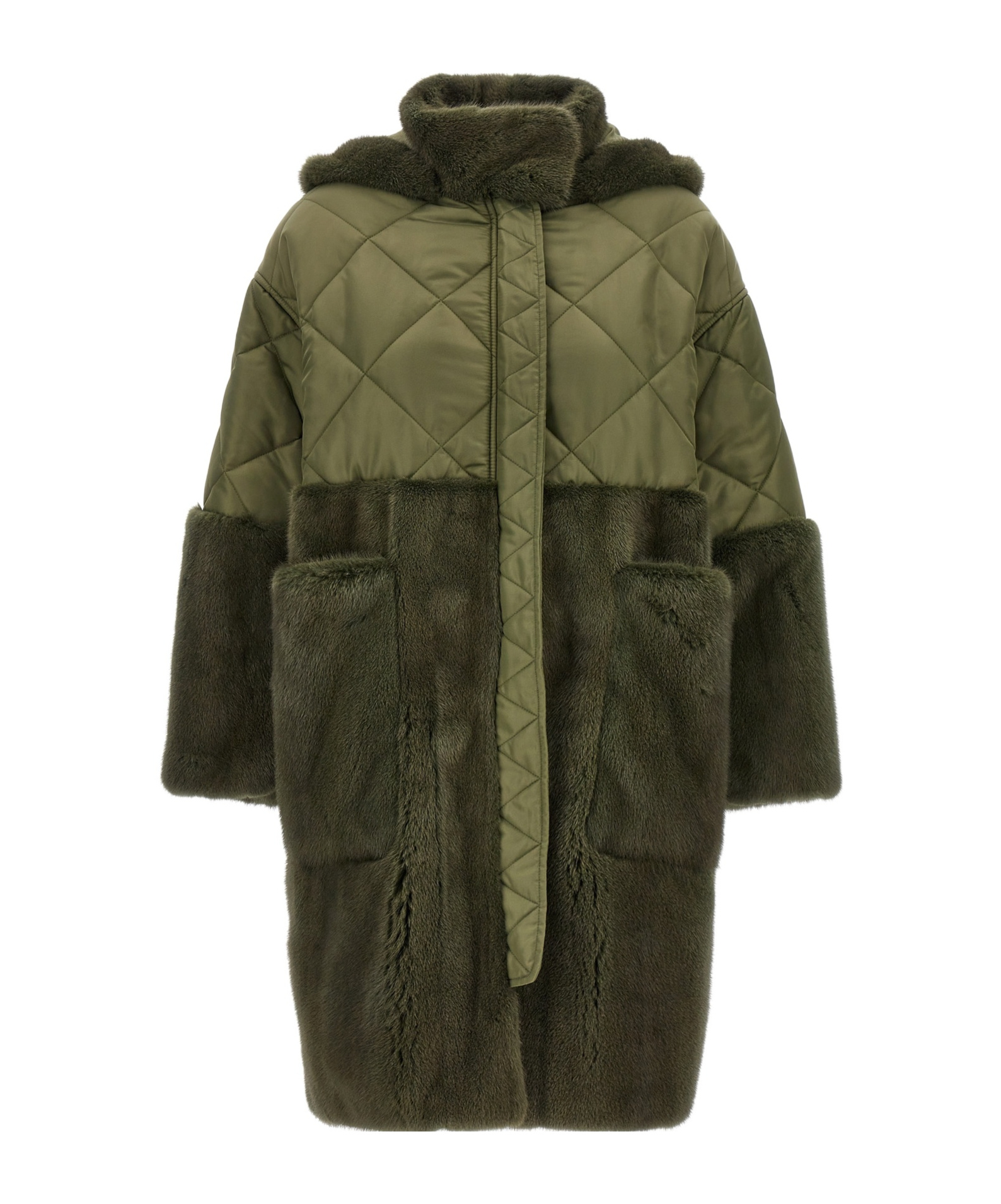 Blancha Long Quilted Down Jacket With Faux Fur In Green