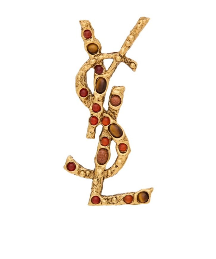SAINT LAURENT CASSANDRE BROOCH IN TIGER'S EYE, SUNSTONE, AND METAL