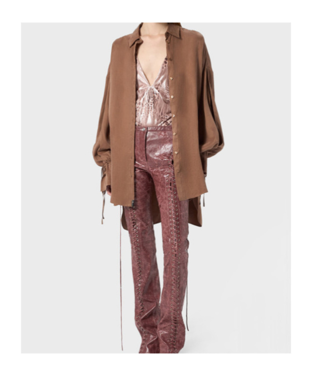 Blumarine Oversized Shirt In Washed Gabardine In Brown
