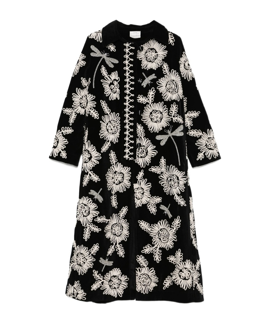 Forte Forte Long Coat With Floral Embroidery And Pockets In Black