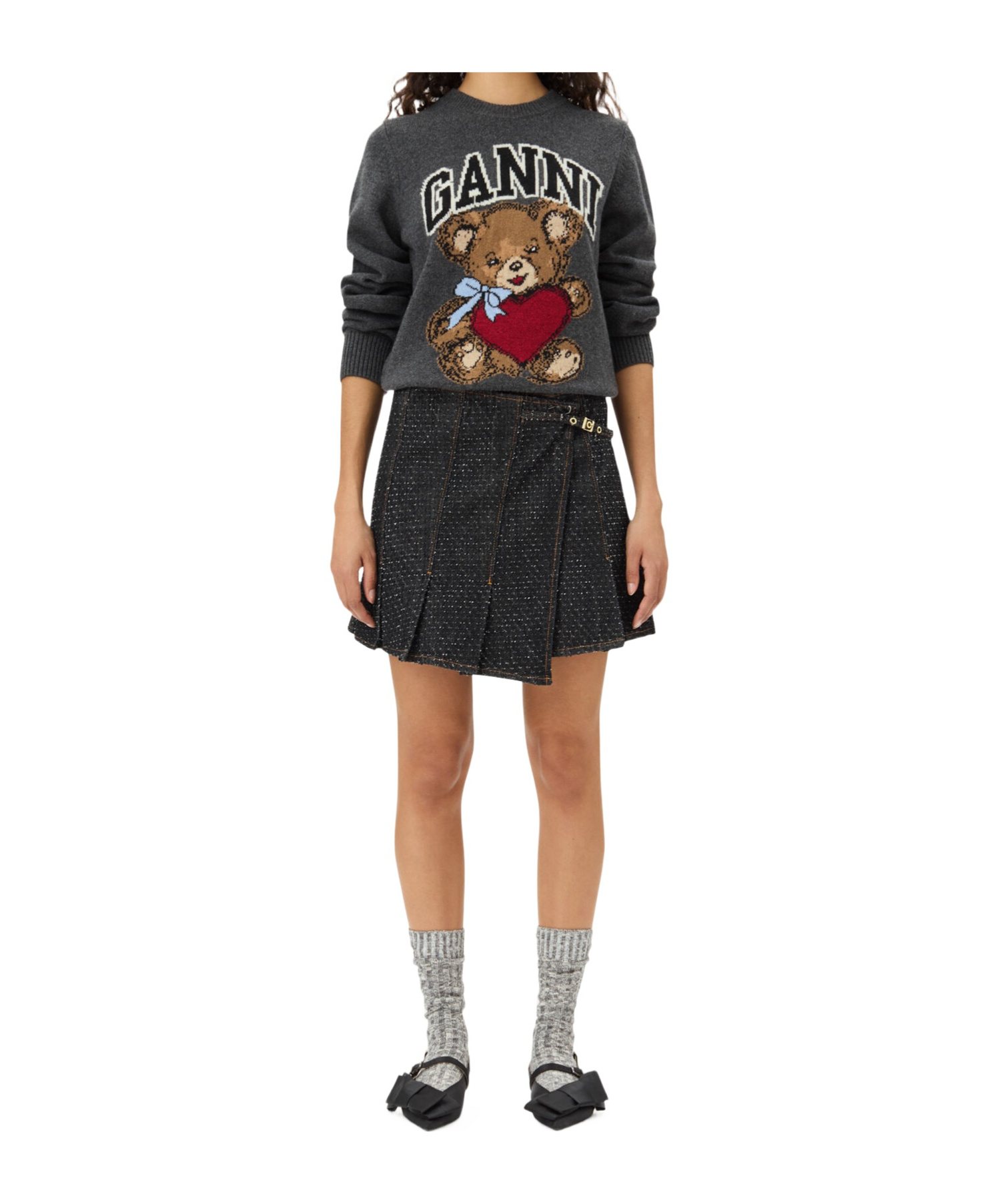 Ganni Wool Graphic Bear Crewneck Sweater In Black