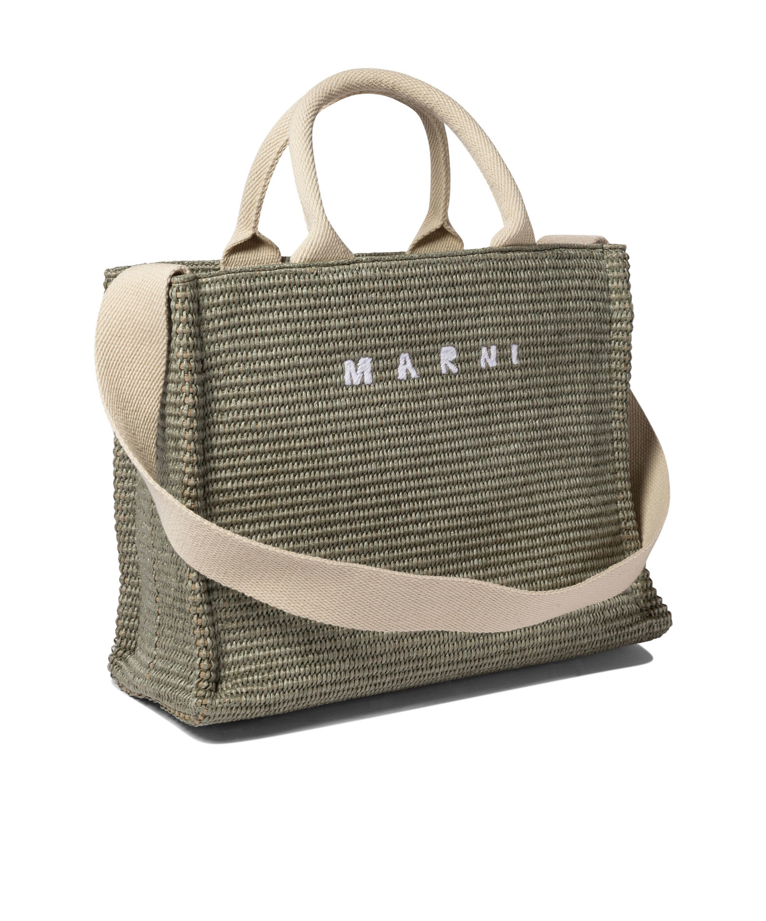 Shop Marni Green Raffia-effect Small Tote Bag