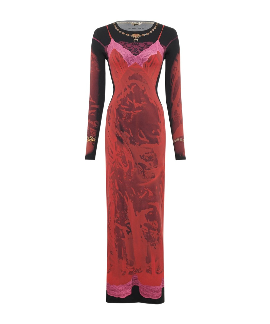 Marine Serre Printed-lace Jersey Dress In Red