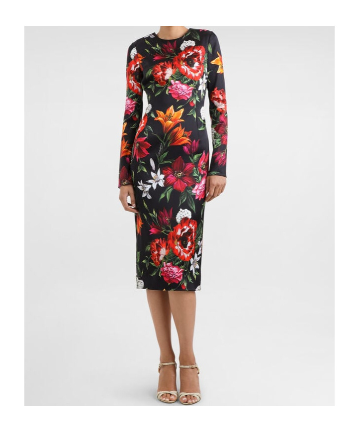 Dolce & Gabbana Flower Print Satin Midi Dress In Multi