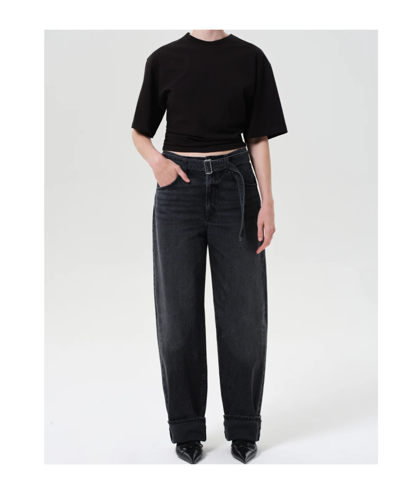 Agolde Tapered Cuffed Jeans Belted Waist In Black